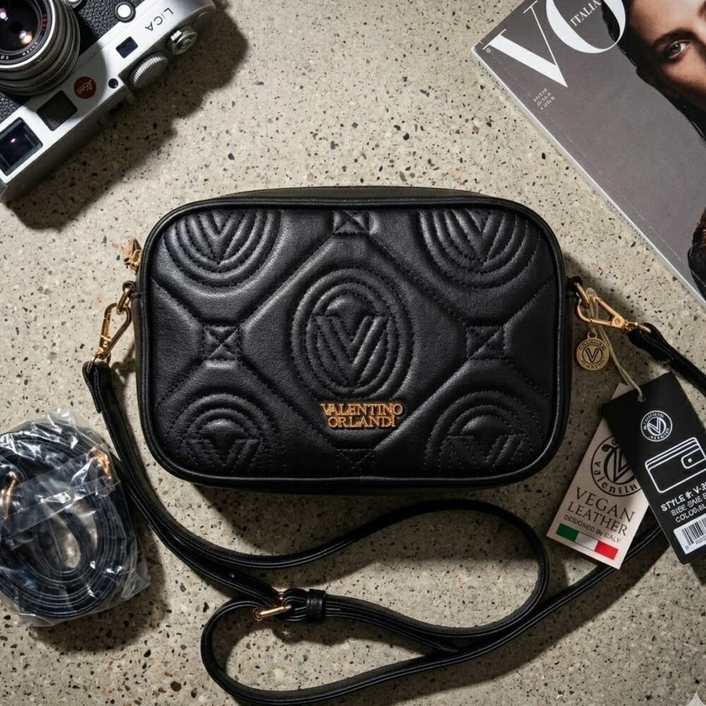 NWT Valentino Orlandi Black Quilted Vegan Leather Crossbody Bag Wallet Set $310